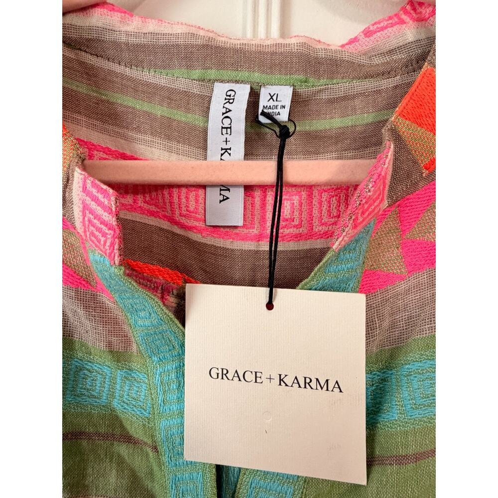Grace + Karma Womens Striped Tiered Boho Dress XL NWT Embroidered Neon Pink Fest - Picture 2 of 5